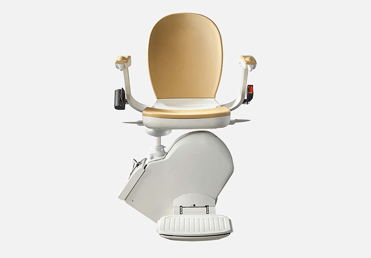 Acorn 130 Straight stairlift with gold seat cover on a white background